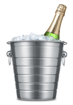 Bottle of champagne in bucket with ice isolated on a white background