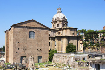 View of Curia Lulia. Also called Senate House, in the ancient city of Rome. It was built in 44 BC, when Julius Caesar replaced Faustus Cornelius Sulla's reconstructed Cornelia.