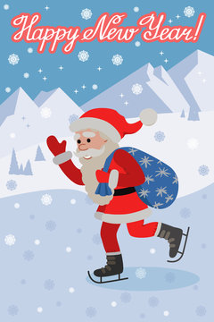 Vector greeting card with lettering congratulation and flat style Santa Claus on ice skates.