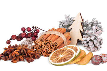 Winter composition with spices, slices of dried citrus fruits, p