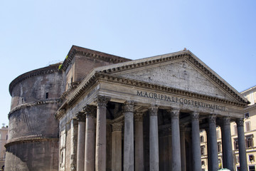 View of Pantheon on a sunny day in Rome. Iconic temple built circa 118 to 125 A.D. with a dome & Renaissance tombs, including Raphael's.