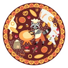 Cute round card with raccoon baker and bakery products. Vector illustration.