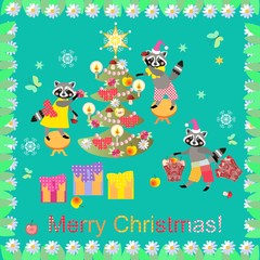 Merry Christmas! Cute raccoons decorate the Christmas tree. Vector card with original frame.