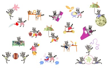 Fototapeta premium Vector set of cute cartoon raccoons isolated. Print for t-shirt.