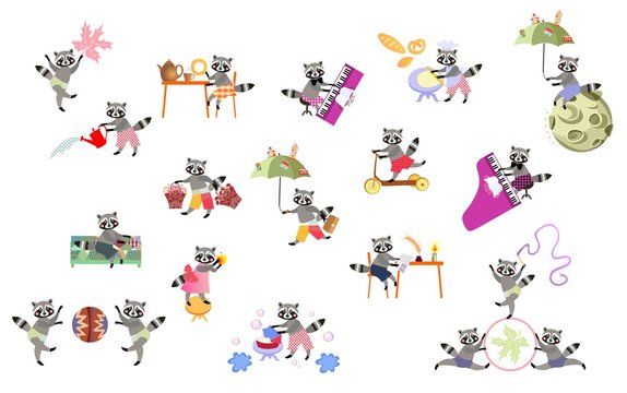 Vector set of cute cartoon raccoons isolated. Print for t-shirt.