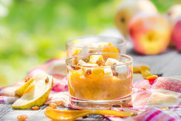 Fruity dessert pears nectarines raisins