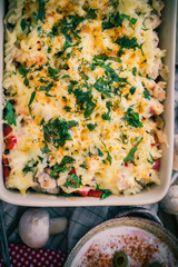 Warm dish baked macaroni chicken mushrooms