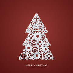 Vector modern concept christmas tree and mechanism gears background. Invitation of xmas or happy new year.