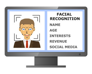 Biometrical identification. Facial recognition system concept. Face recognition program on monitor. Vector illustration