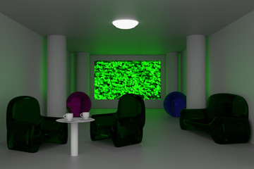 3D-Rendering eines futuristischen Zimmers mit zwei Kaffeetassen auf dem Tisch und einem Bild von realen, grünen Blättern auf dem großen Bildschirm  
