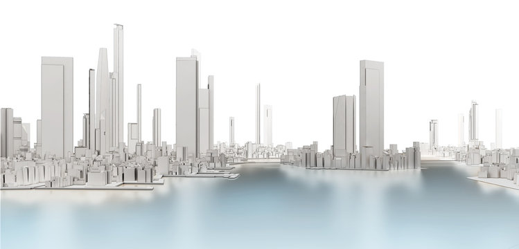 3d generic city with frozen lake