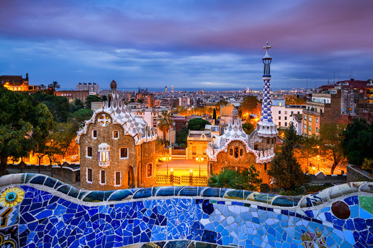 Park Guell in Barcelona, Spain at night