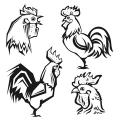 Hand drawn roosters.  Vector set of cock.