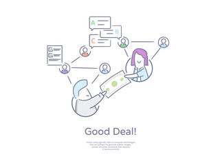 Premium Quality Hand drawn Line Icon And Concept Set: Business acquisition deal. Social networks, Teamowork, Business meeting.