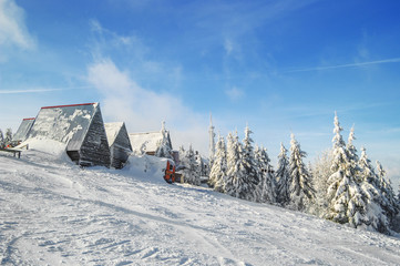 Ski resort landscape. Snow scene, beautiful landscape. Ukrainian ski resort in Carpathian mountains Slavsko.