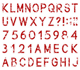 Latin alphabet letters with set of numbers 1, 2, 3, 4, 5, 6, 7, 8, 9, 0 and punctuation signs, isolated on white background, vector illustration.