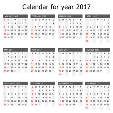 Calendar for year 2017 - week starts with Sunday, isolated on white background, vector illustration.