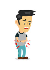 stomachache, food poisoning, stomach problems.vector flat cartoon concept illustration of men character food poisoning or digestion.nausea, diarrhea, abdominal cramps,headache, flu, pain, constipation