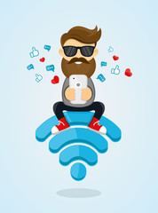 Young men guy character sitting on wi-fi emblem and using smartphone for internet. free internet, hotspot, network concept. flat  vector design illustration.sending a message via chat from smartphone