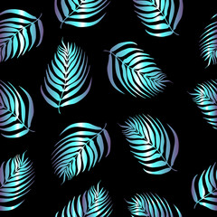 Fototapeta na wymiar endless pattern of neon palm leaves on dark background