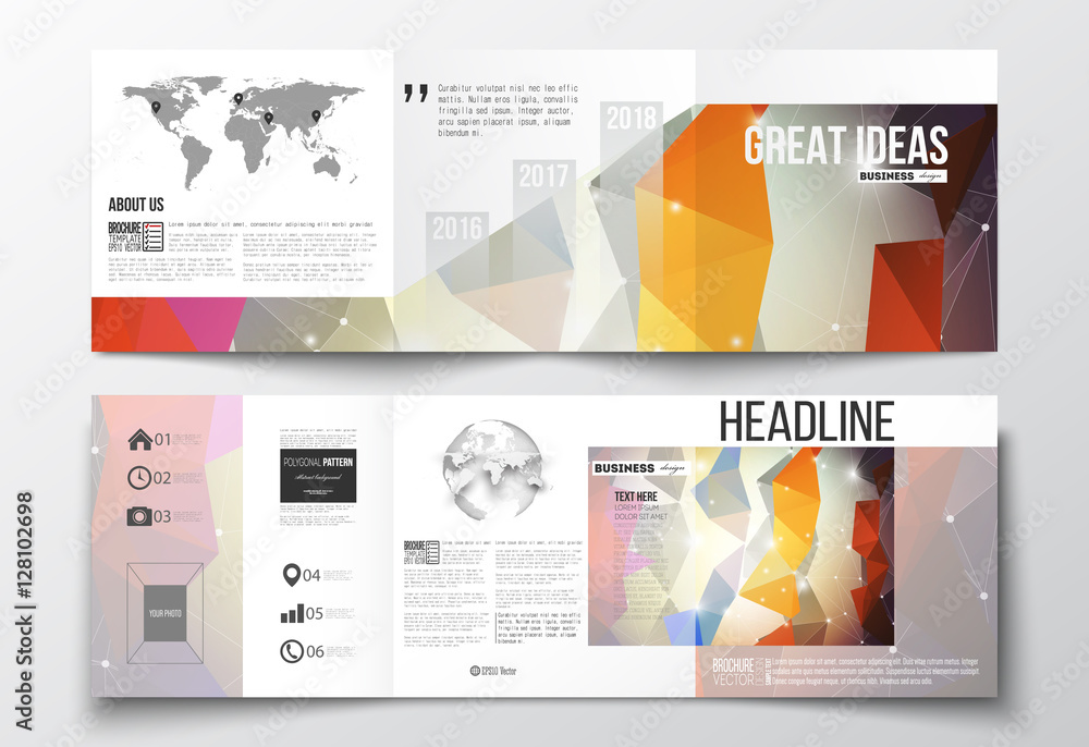 Aufkleber tri-fold brochures, square design templates. molecular construction with connected lines and dots, s