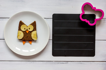 kids menu owl shaped sandwich place for text top view