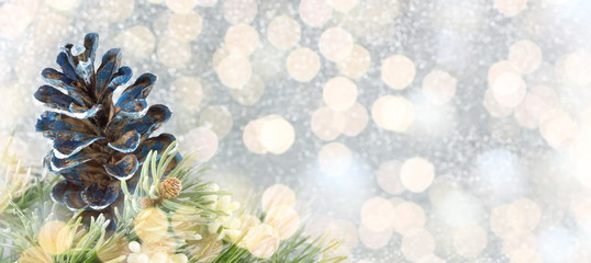 Pinecones and fir tree on sparkling background.