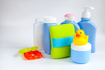 baby organic cosmetic for bath on white bakground