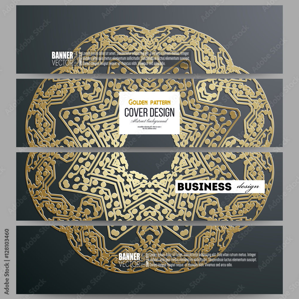 Poster set of modern banners. golden microchip pattern on dark background with connecting dots and lines, c