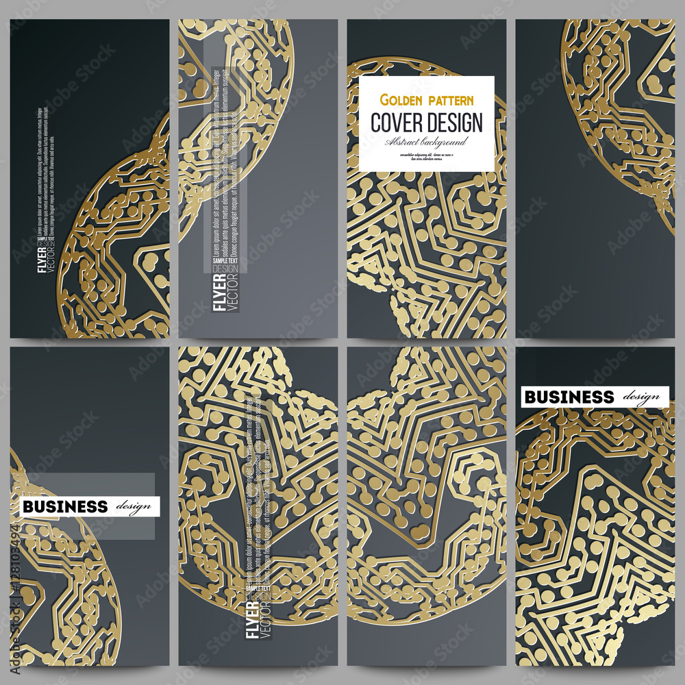 Poster set of modern flyers. golden microchip pattern on dark background with connecting dots and lines, co