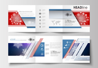 Set of business templates for tri-fold brochures. Square design. Leaflet cover, abstract flat layout, easy editable blank. Christmas decoration, vector background with shiny snowflakes