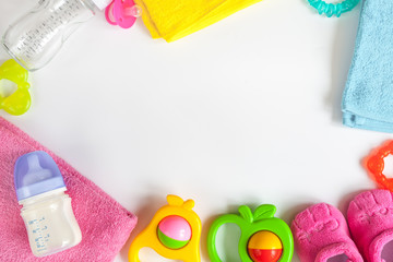 baby bottle with milk on white background top view