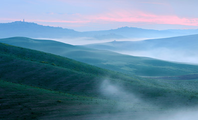 Tuscany Landscape near the Town of Pienza at Sunrise, Morning Fog, Val d’Orcia, Tuscany, Italy