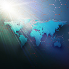 Green dotted world map, connecting lines and dots on dark color background. Chemistry pattern, hexagonal molecule structure, medical research. Medicine, technology concept. Abstract design vector.