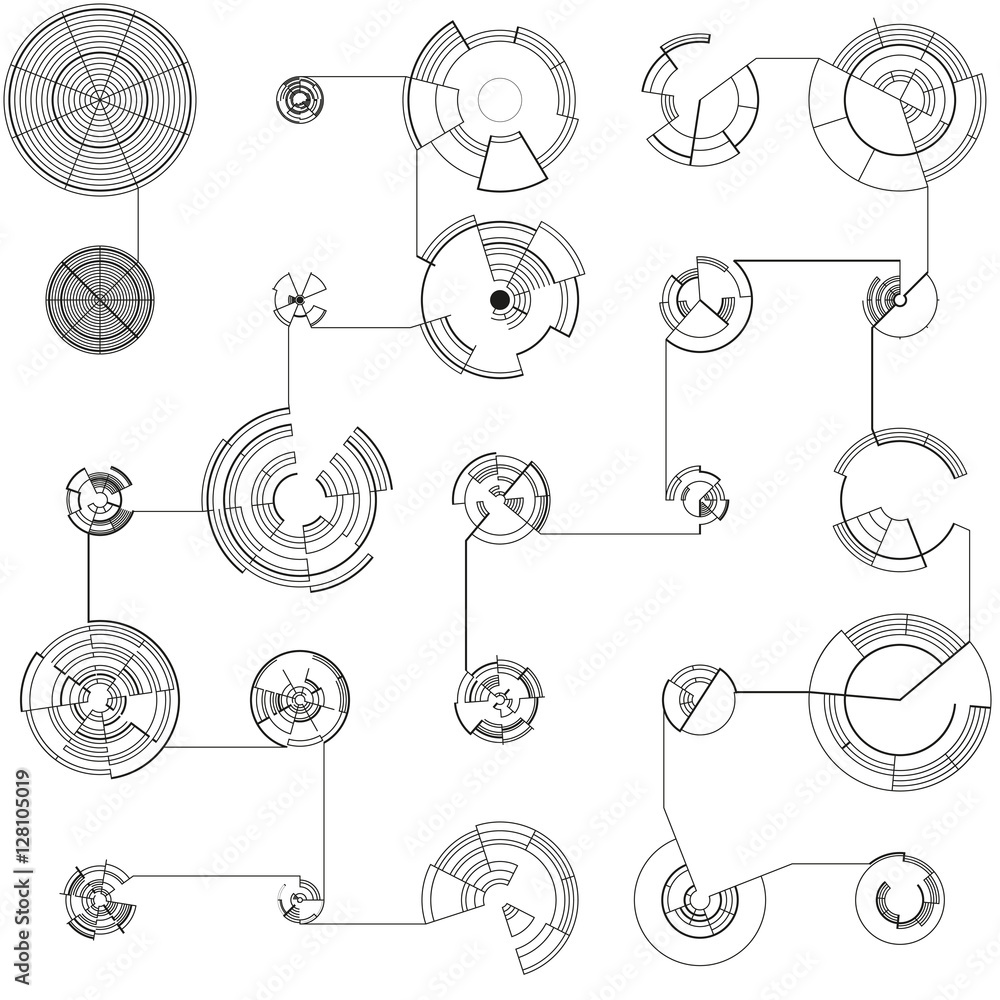 Poster abstract hud elements on white background. high tech motion design, round interfaces, connecting sys