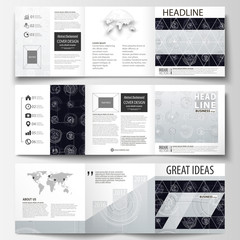 Business templates for square tri fold brochures. Leaflet cover, flat layout, easy editable vector. High tech design, connecting system. Science and technology concept. Futuristic abstract background.