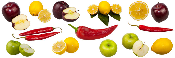 Red hot chile pepper, lemon and half of lemon,  green and red apple and a half close-up view on white background, isolated,  montage