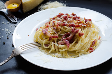 Pasta Carbonara. Spaghetti with bacon and parmesan cheese.