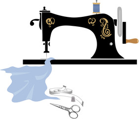 Retro sewing machine, blue fabric & tailor tools