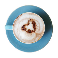 Top view of hot chocolate with frothed milk in ceramic cup isola