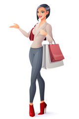 Vector beautiful brunette lady standing with shopping bags and presenting.