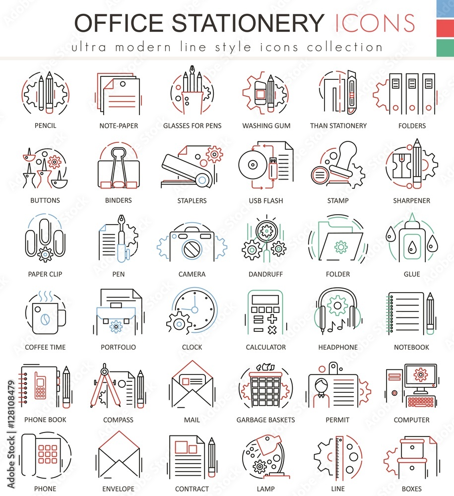 Aufkleber vector office stationery line red color line outline icons for apps and web design. office stationer