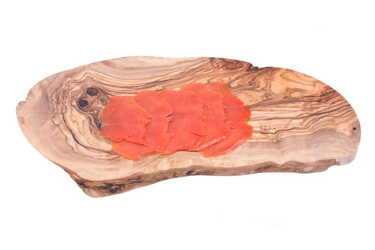 Smoked Wild Pacific Sockeye Salmon On Olive Wood Cutting Board