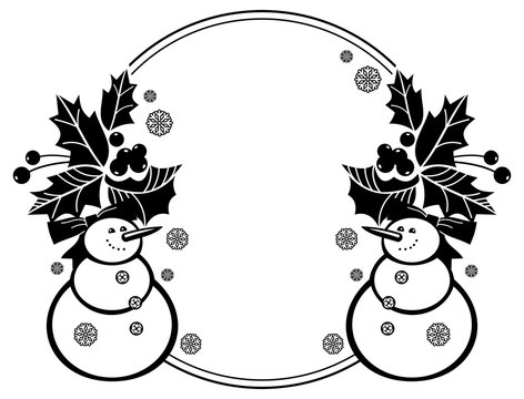 Black and white round frame with funny snowman