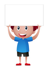 Boy in blue shirt holding white sign