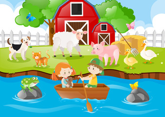Obraz na płótnie Canvas Farm scene kids rowing boat in river