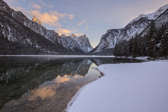 Dobbiaco lake in a winter time, South Tyrol ,Italy