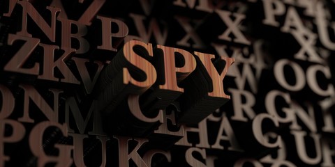 Spy - Wooden 3D rendered letters/message.  Can be used for an online banner ad or a print postcard.