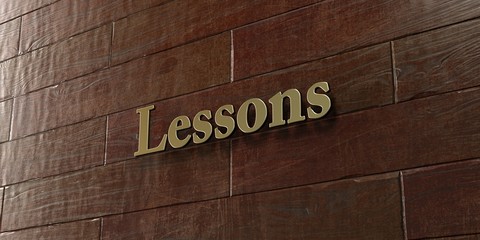 Lessons - Bronze plaque mounted on maple wood wall  - 3D rendered royalty free stock picture. This image can be used for an online website banner ad or a print postcard.