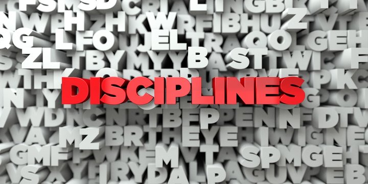 DISCIPLINES -  Red text on typography background - 3D rendered royalty free stock image. This image can be used for an online website banner ad or a print postcard.